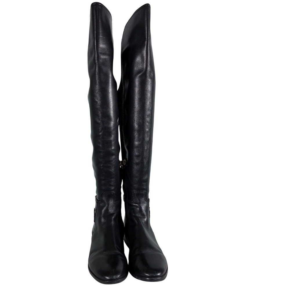 Tory Burch Black Leather Suede Over The Knee Boots 7M Logo Buckle‎ 5636 F17